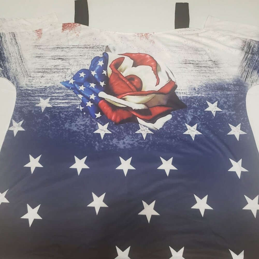 PLUS 22W/3X Rose Flower American Flag 3/4 Sleeve Cold Shoulder T Shirt July 4th